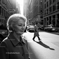 Elderly Woman in Busy City Street Surrounded by Vintage Cars