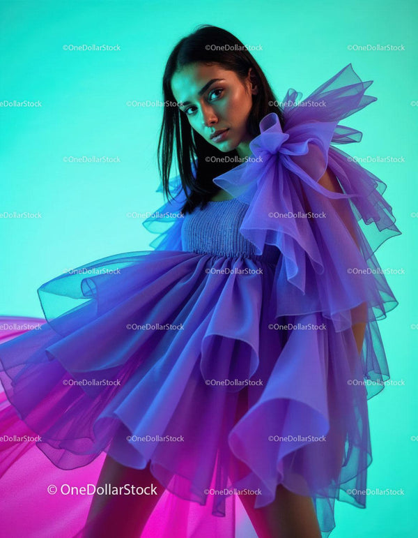 Stylish Young Woman Wearing Purple Tulle Dress in Colorful Studio