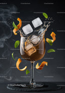 Refreshing cocktail splash with ice and citrus zest