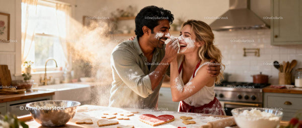 Couple Playfully Baking Together in Cozy Kitchen