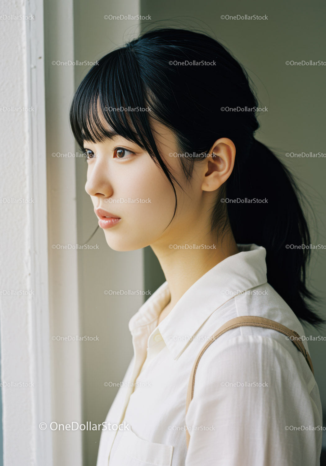 Young Woman in White Shirt Looking Out of Window