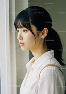 Young Woman in White Shirt Looking Out of Window