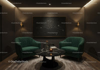 Cozy modern lounge with velvet sofas and art lighting