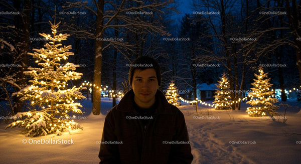 Young man enjoying snowy evening with festive lights