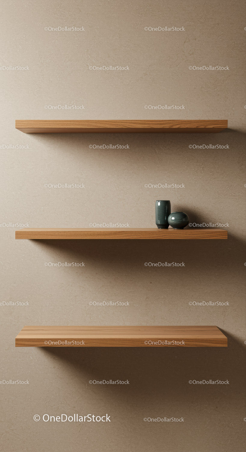 Minimalist Wooden Shelves with Decorative Vases on Neutral Wall