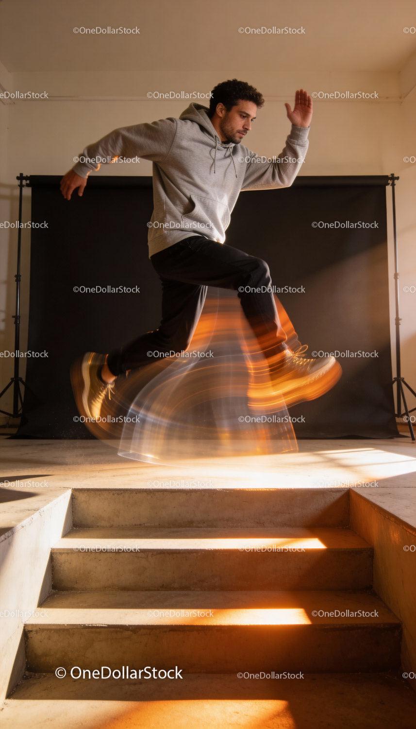 Man in gray hoodie jumping with motion blur effect