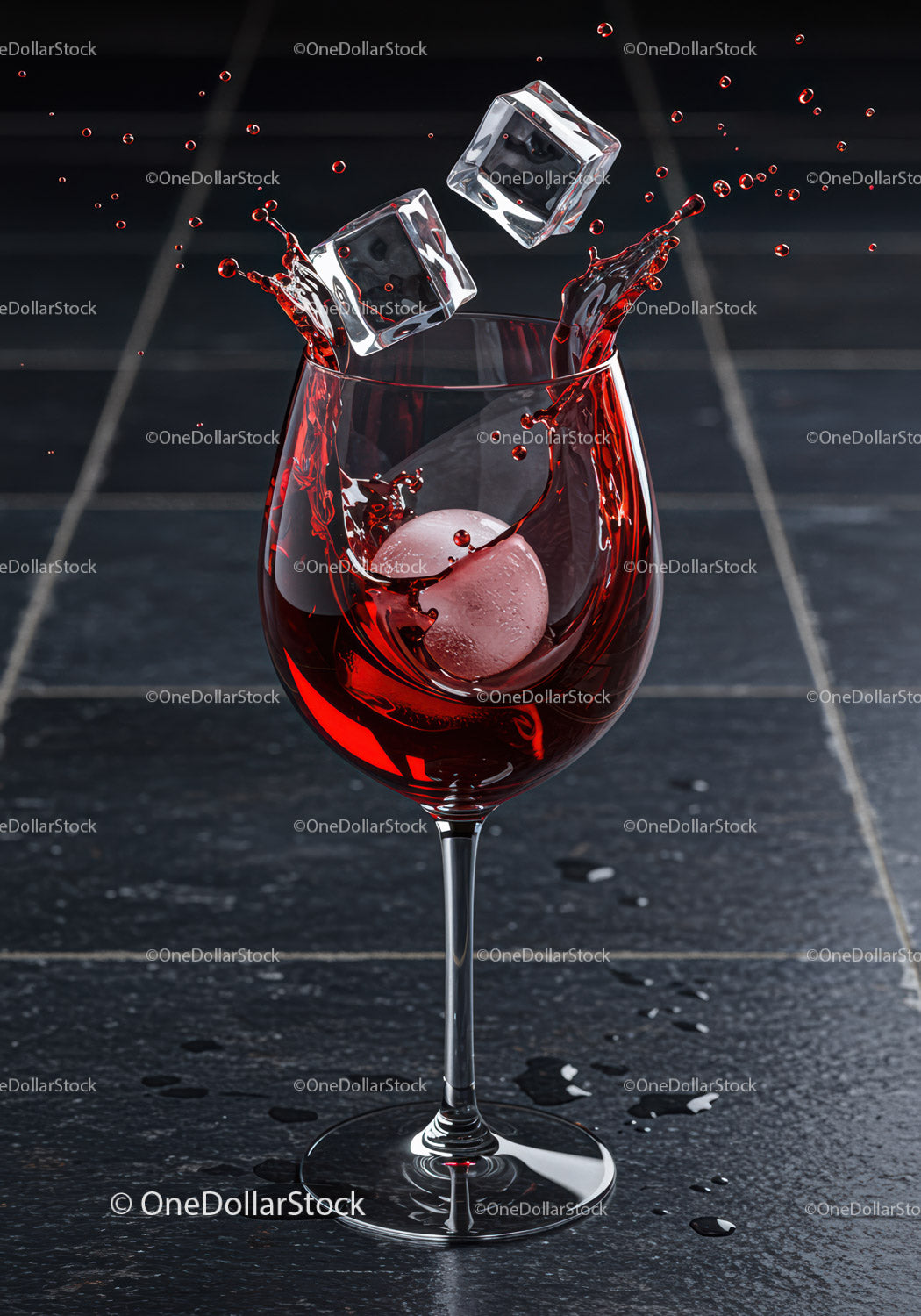 Red wine splashing with ice cubes in crystal glass