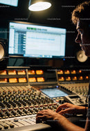 Sound engineer working with audio mixer and monitor