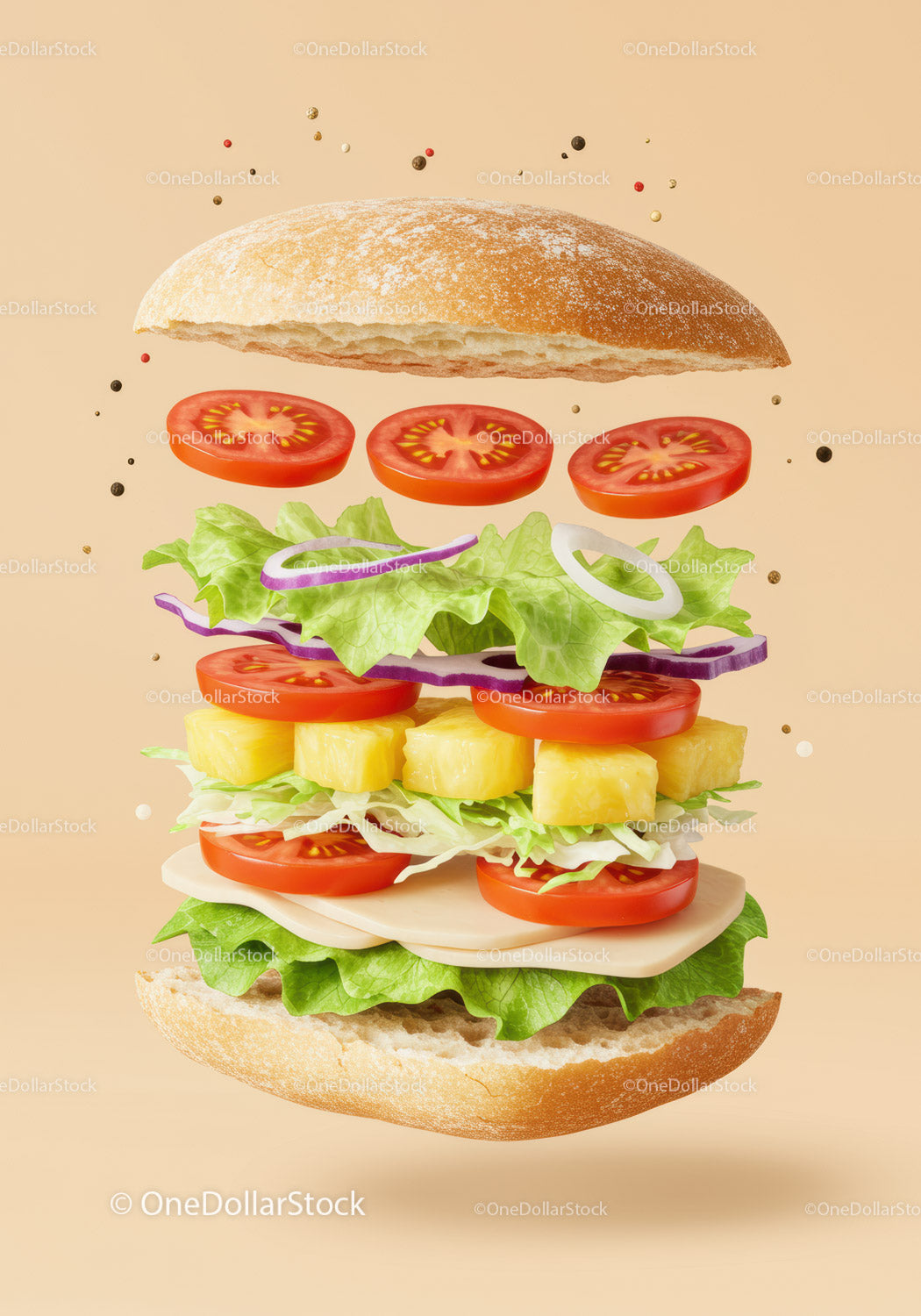 Fresh vegetable and cheese sandwich with pineapple cubes
