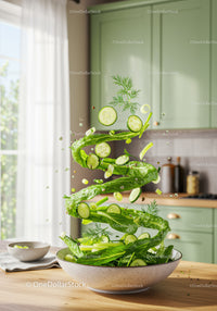 Fresh green salad ingredients swirling in kitchen light