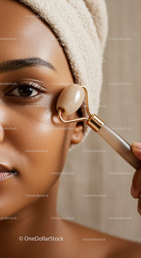 Close Up of Woman Using Jade Roller for Facial Massage Skincare