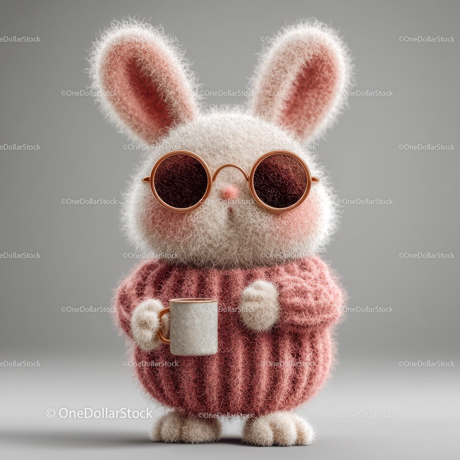 Cute Bunny Wearing Sunglasses and Cozy Pink Sweater Holding Coffee Mug