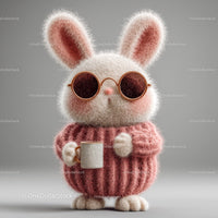 Cute Bunny Wearing Sunglasses and Cozy Pink Sweater Holding Coffee Mug