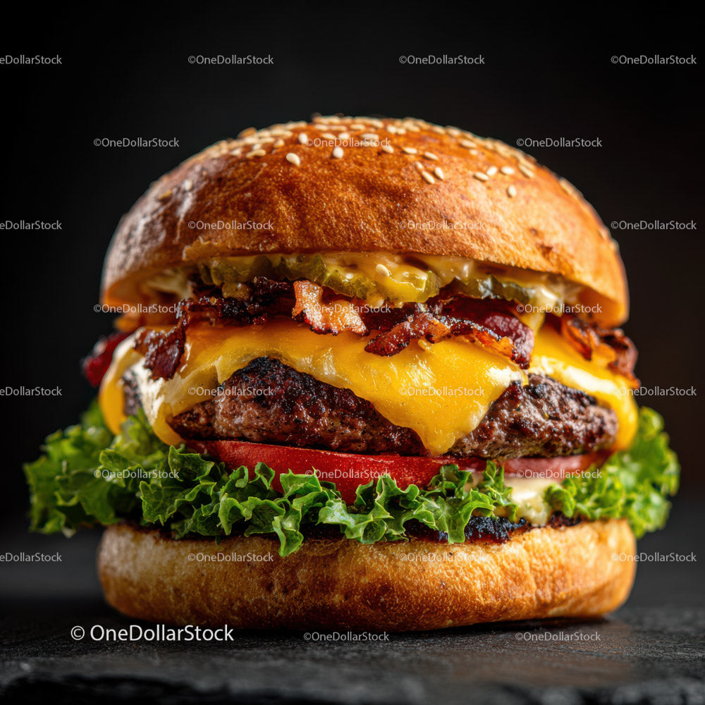 Juicy Cheeseburger with Bacon Lettuce Tomato and Melting Cheese