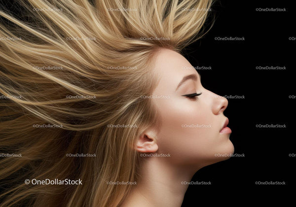 Profil spokojnej kobiety z opadającymi blond włosami