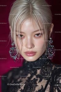 Glamorous Blonde Woman with Elegant Lace Dress and Stylish Earrings