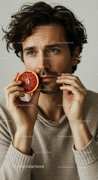 Young Man Holding Grapefruit Slice in Contemplative Portrait