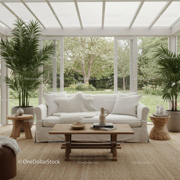 Cozy sunroom with white sofa and lush garden view