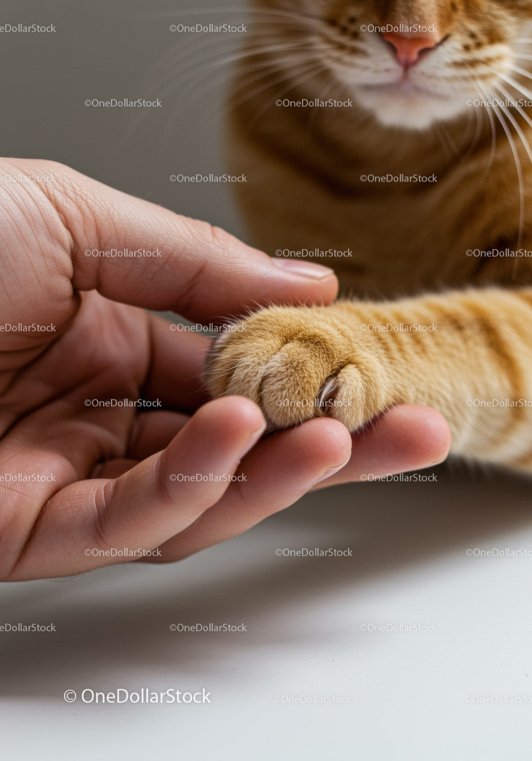 Ginger cat paw touching person hand connection