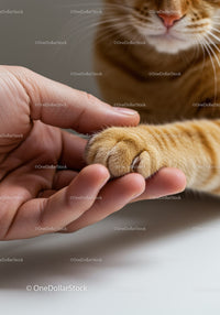 Ginger cat paw touching person hand connection