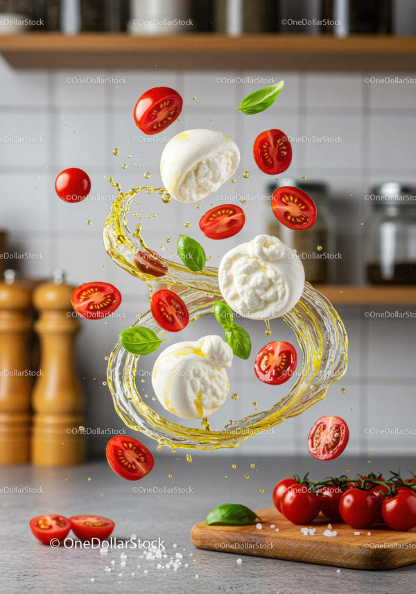 Fresh mozzarella with cherry tomatoes and basil splash