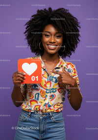 Vibrant Young Woman Holding Like Icon in Bright Casual Outfit