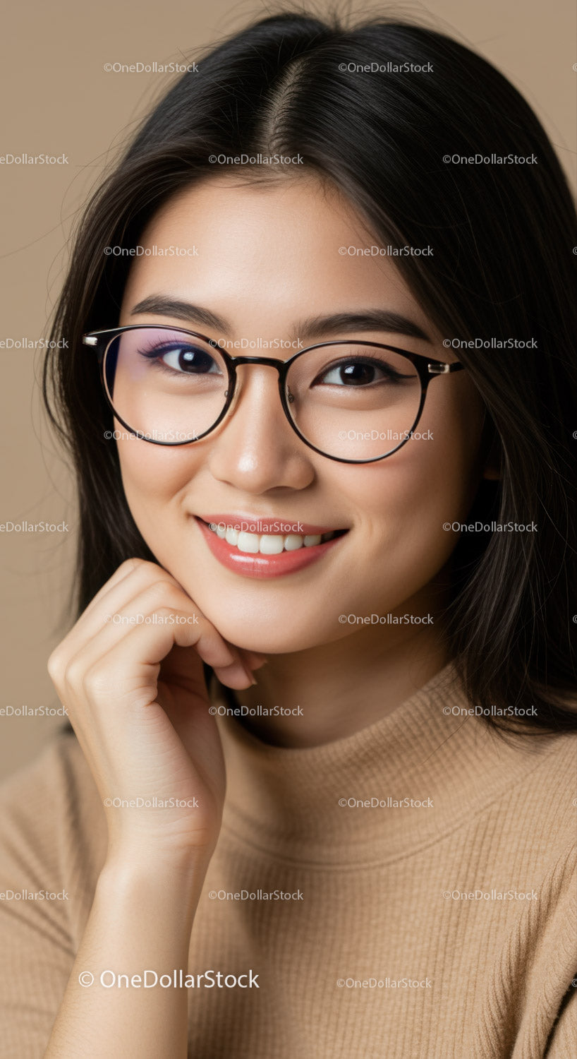 Elegant Woman Wearing Glasses with Bright Smile in Portrait