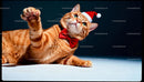Playful orange cat wearing Santa hat and red bow tie
