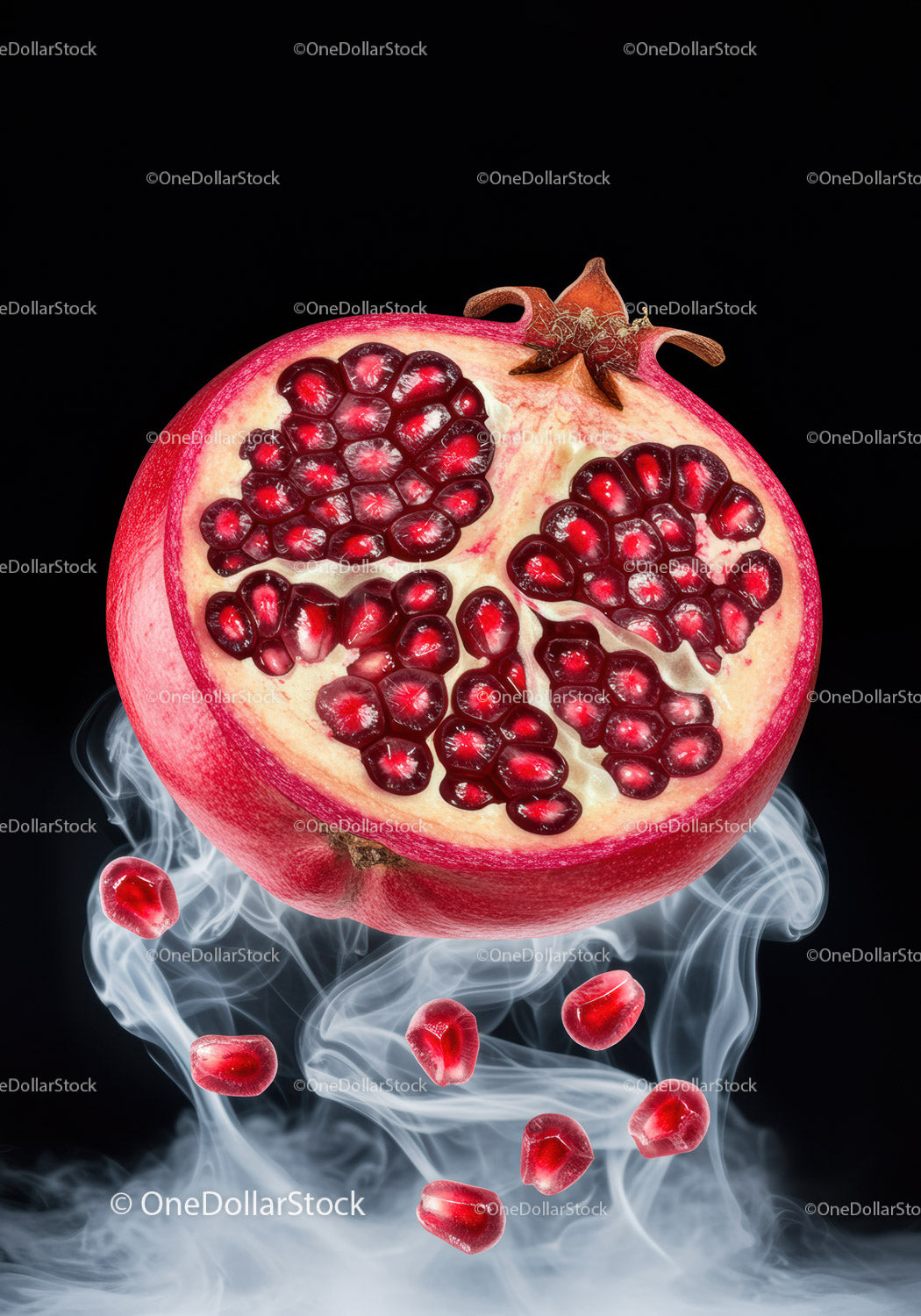 Closeup of fresh pomegranate with seeds and smoke