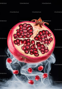 Closeup of fresh pomegranate with seeds and smoke