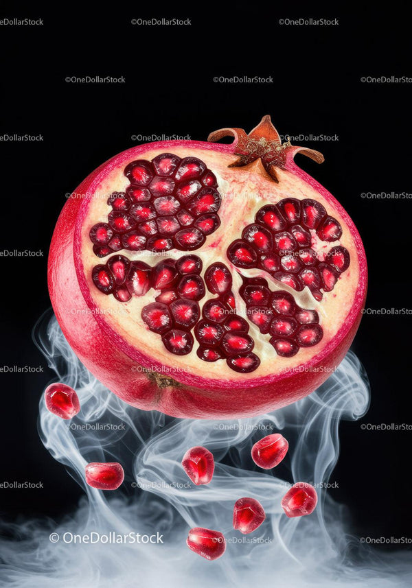 Closeup of fresh pomegranate with seeds and smoke