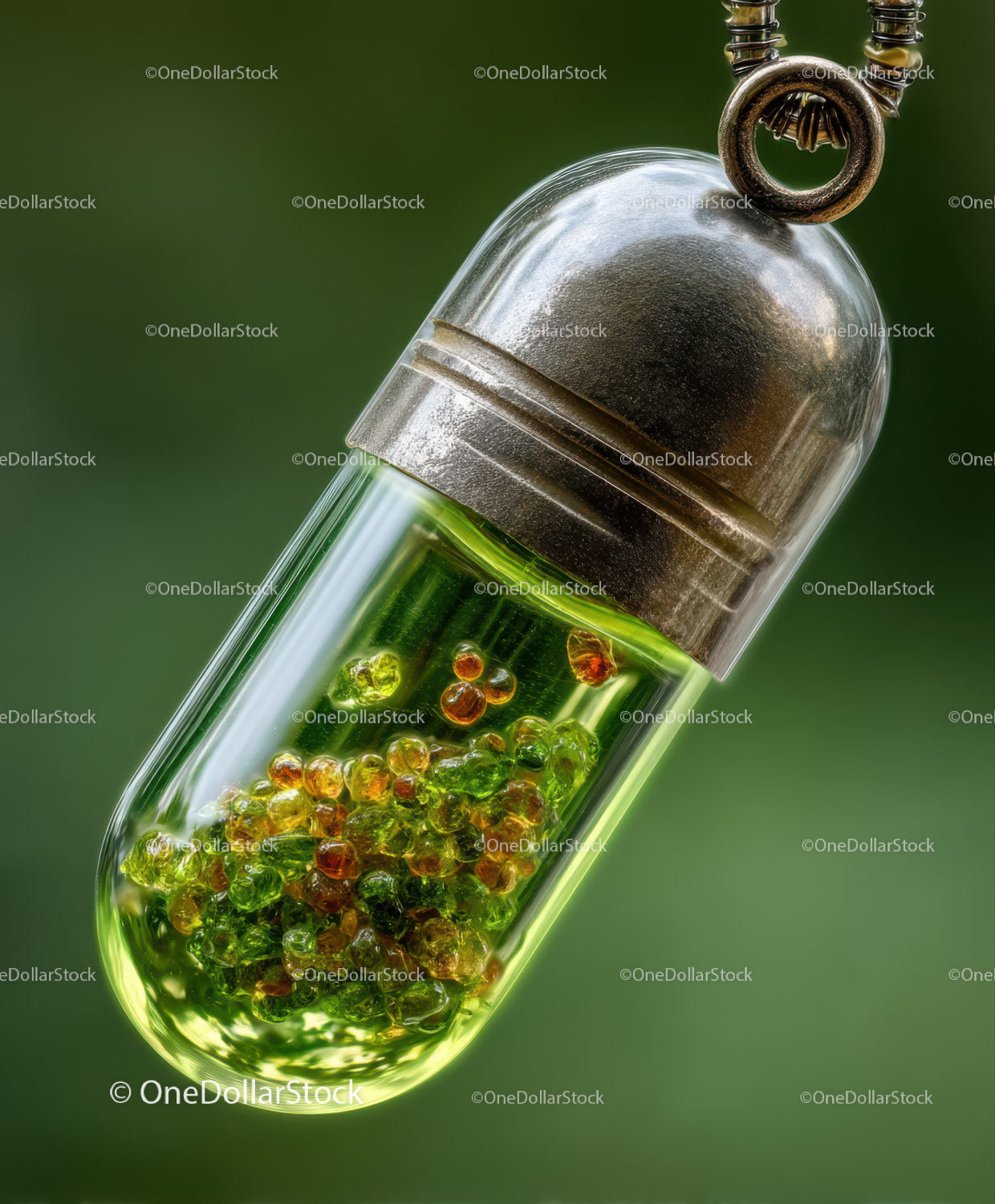 Close-Up of Green and Orange Granules in Transparent Medicine Capsule