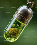 Close-Up of Green and Orange Granules in Transparent Medicine Capsule