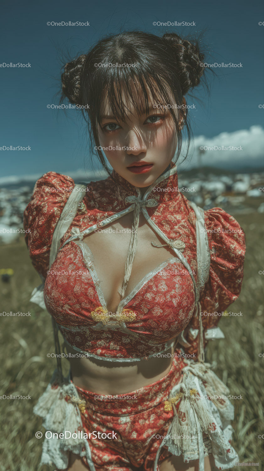 Młoda kobieta w czerwonym cheongsam na świeżym powietrzu, w wiejskim krajobrazie