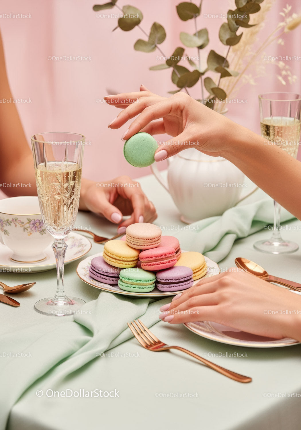 Elegant Women's Tea Party with Colorful Macarons and Champagne