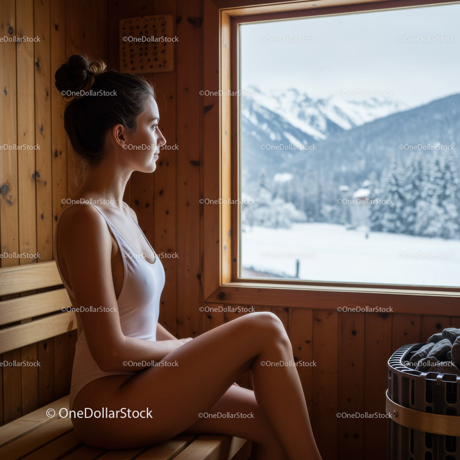 Relaxing Woman Sitting in Sauna with Mountain Winter View