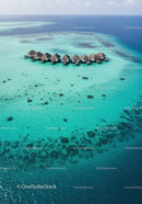 Overwater Bungalows on Turquoise Ocean with Clear Water and Exotic Scenery