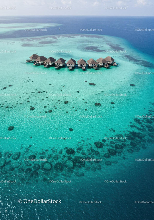 Overwater Bungalows on Turquoise Ocean with Clear Water and Exotic Scenery