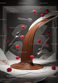 Pouring smooth chocolate with fresh raspberries and spoons