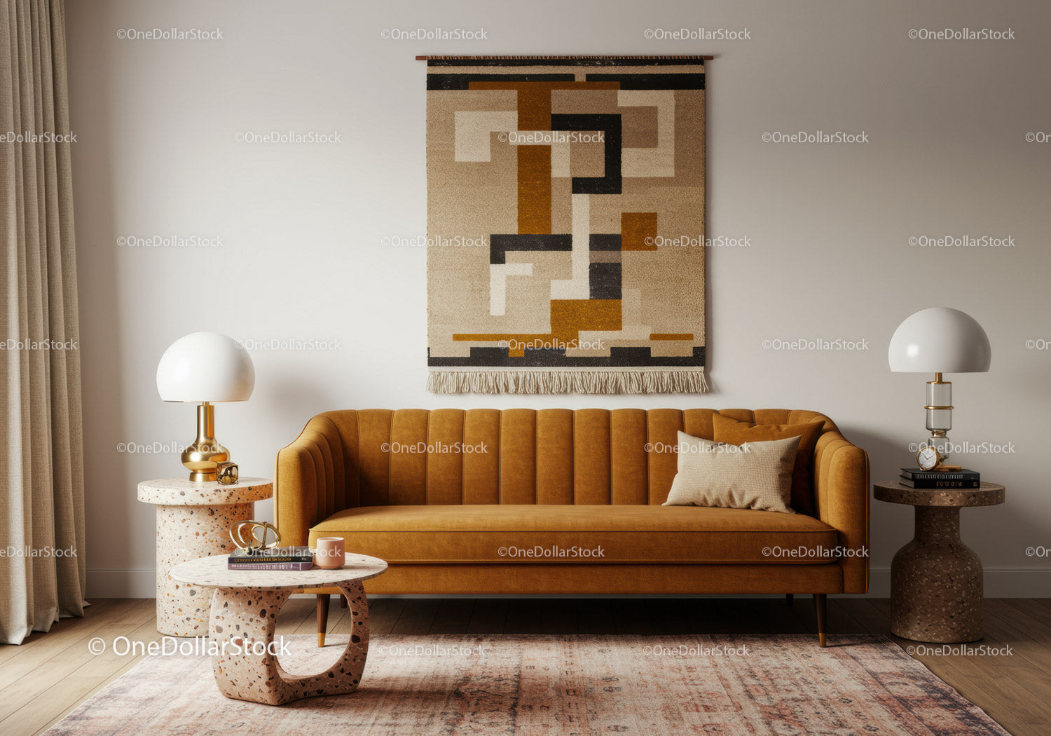 Modern Living Room with Mustard Velvet Sofa and Textured Decor