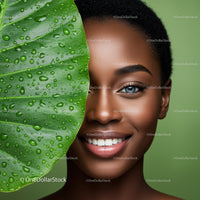 Tropical Leaf and Smiling Woman with Bright Blue Eyes in Natural Environment