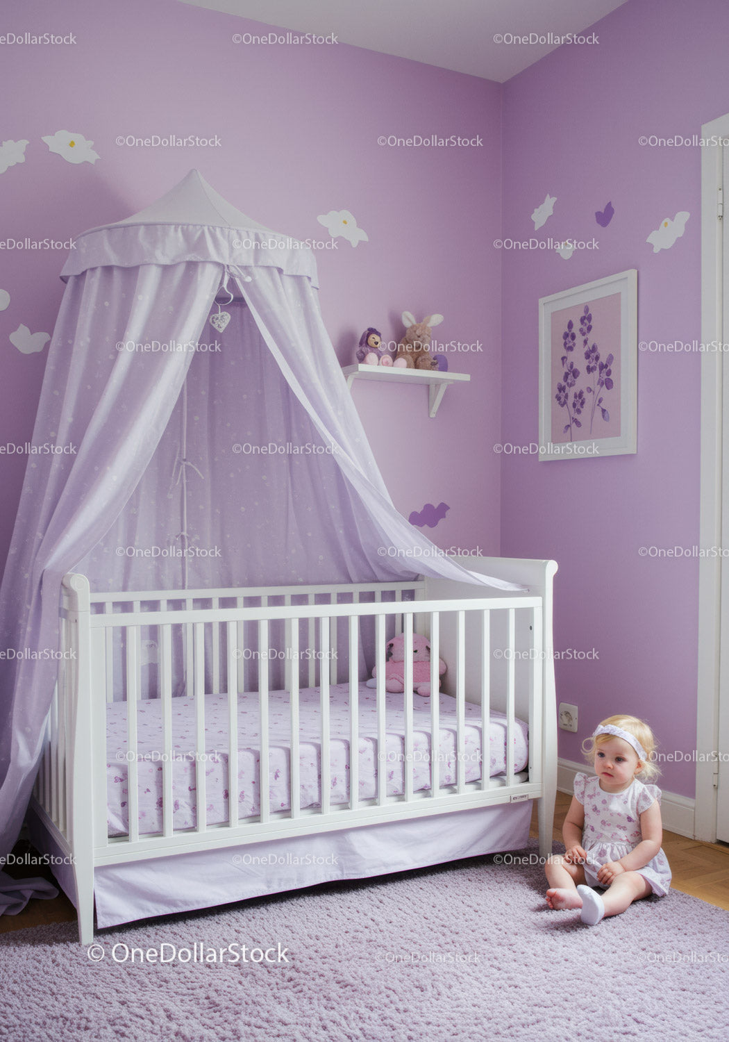 Cute Baby Girl Sitting Near White Crib in Lavender Nursery