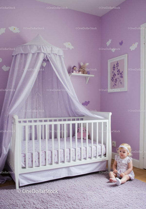 Cute Baby Girl Sitting Near White Crib in Lavender Nursery