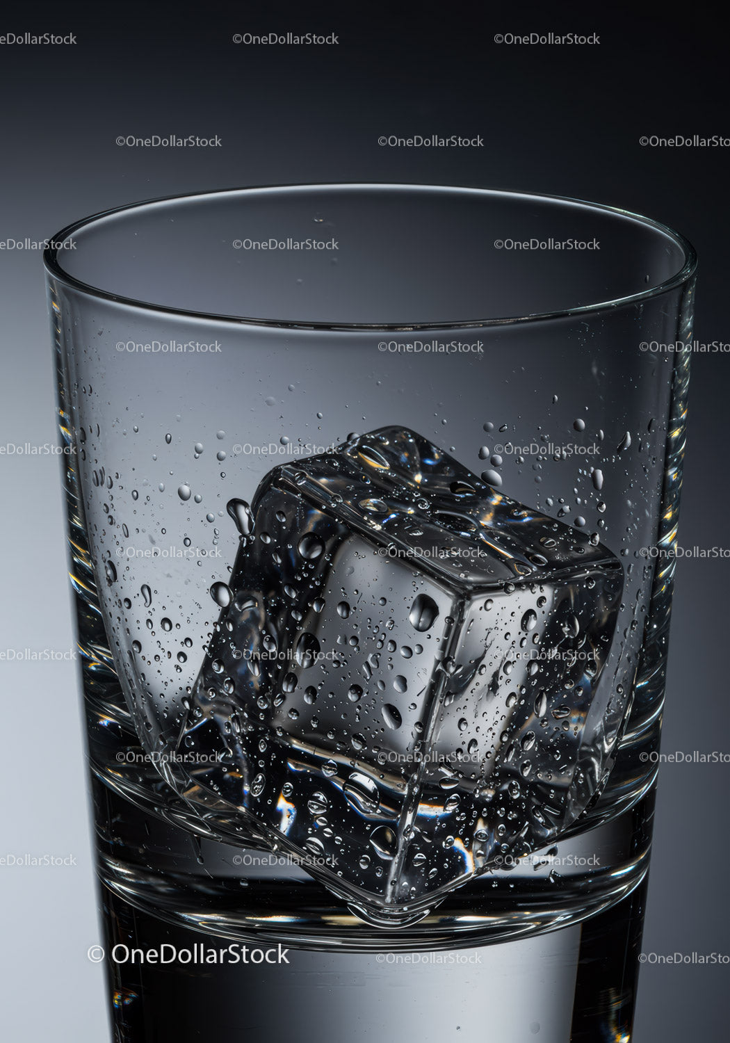 Close up of melting ice cube inside clear glass
