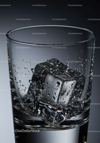 Close up of melting ice cube inside clear glass
