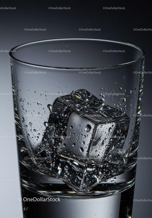 Close up of melting ice cube inside clear glass