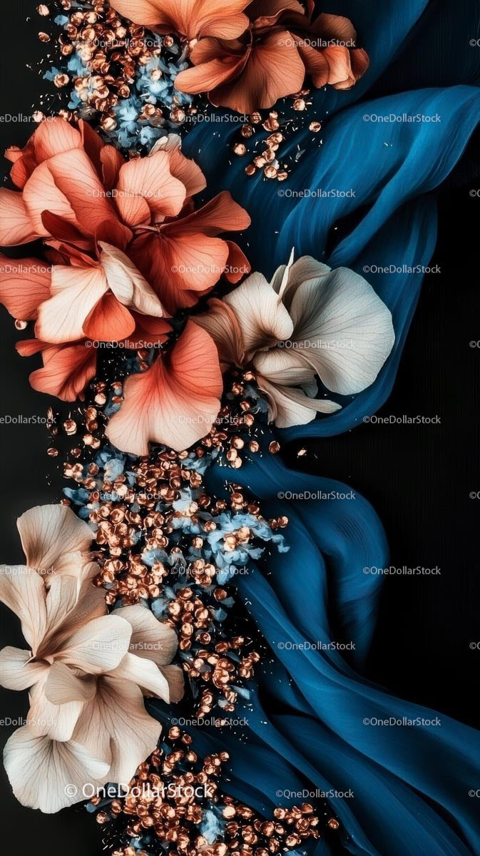 Elegant Pink and White Petunias with Metallic Beads and Blue Fabric