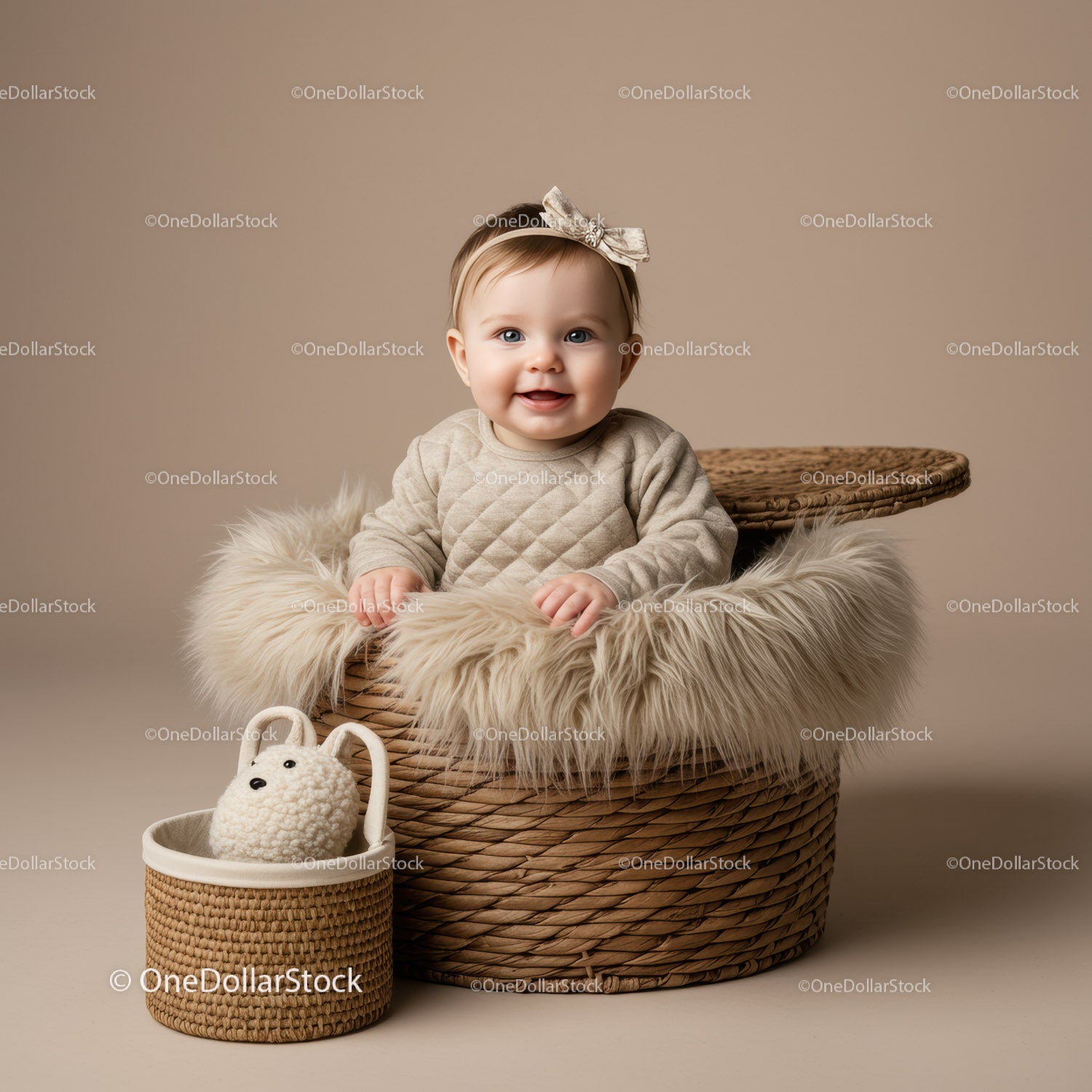Smiling baby girl sitting in cozy woven basket