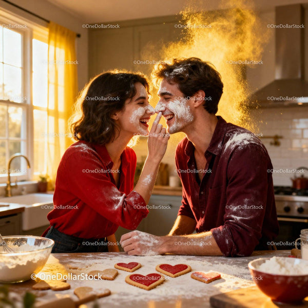 Couple Playfully Baking Heart Cookies in Cozy Kitchen