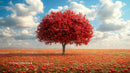 Red Apple Tree in Blossom Amid Green Fields Under Blue Sky
